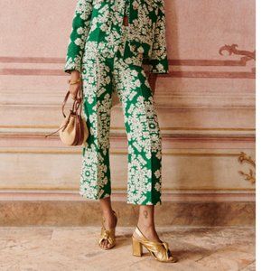 Sezane Green and Cream Patterned Straight Leg Pants